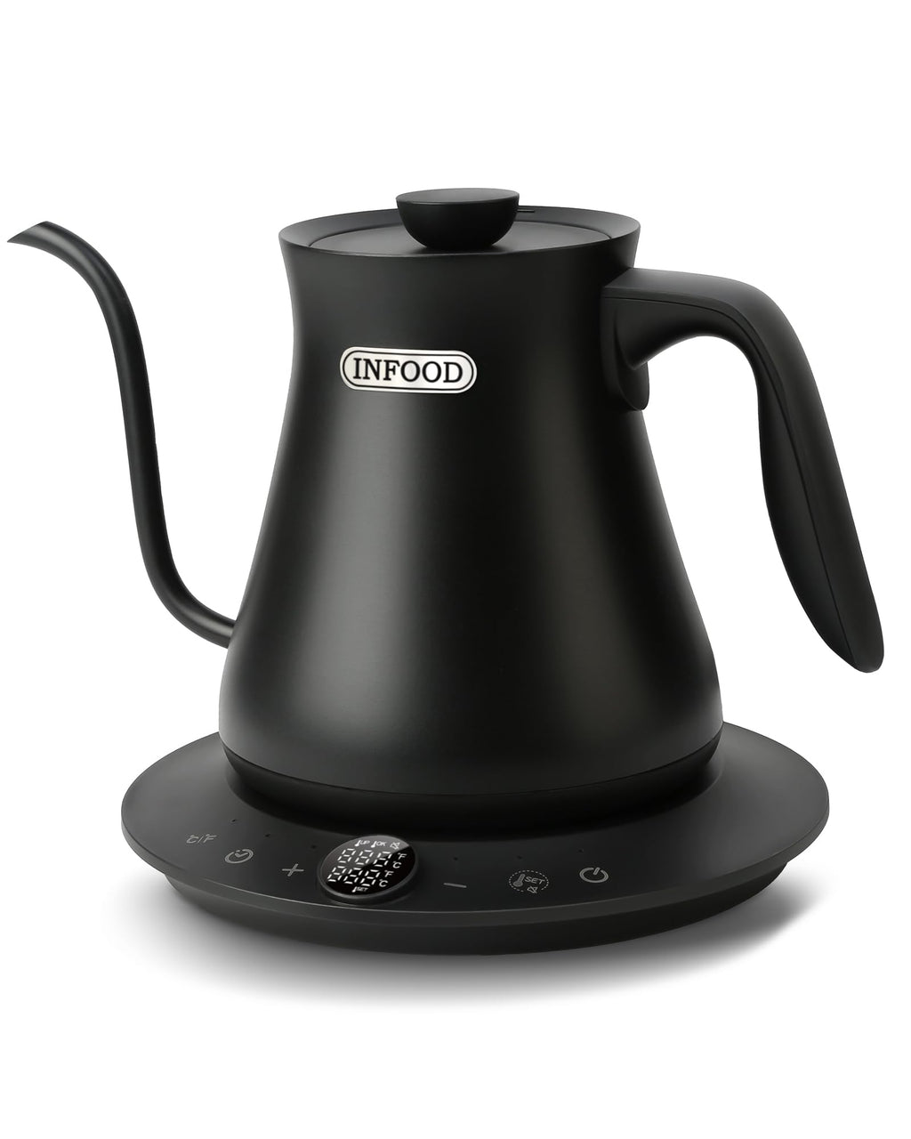 INFOOD 0.8L Gooseneck Electric Kettle, Precise Temperature Control for Pour Over Coffee & Tea, 1200W Fast Boiling Water, Auto Shut Off, Scheduling, Stainless Steel, Black