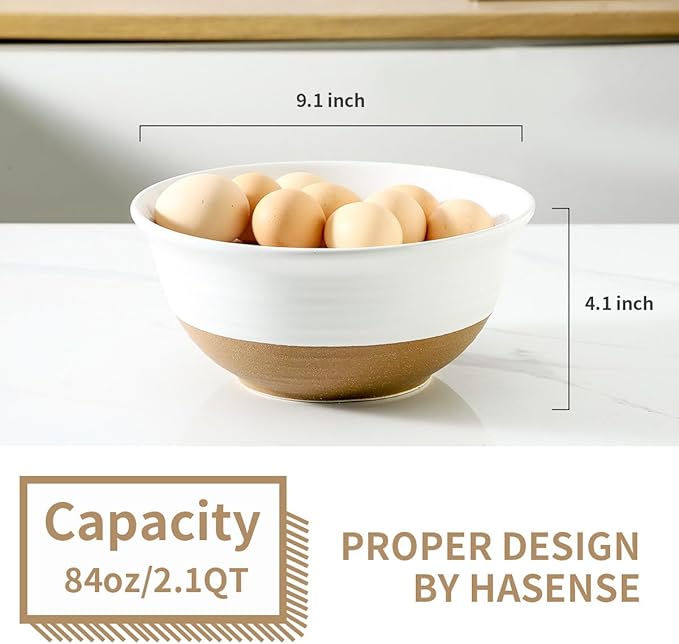 HASENSE Large Ceramic Serving Bowls Set of 2, 84 Oz 9 Inch White & Terracotta Stoneware Mixing Bowls, Farmhouse Bowls for Salad, Baking, Popcorn & Side Dishes, Dishwasher & Microwave Safe