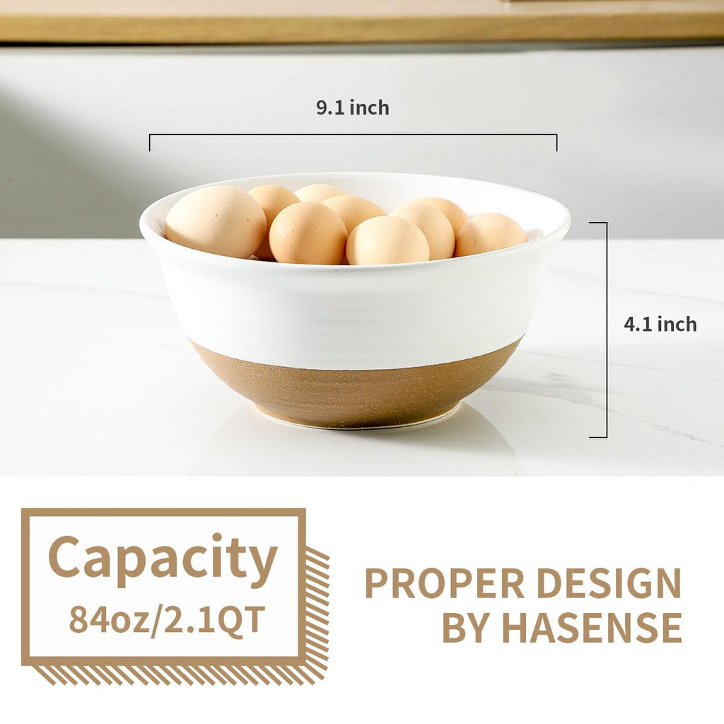 HASENSE Large Ceramic Serving Bowls Set of 2, 84 Oz 9 Inch White & Terracotta Stoneware Mixing Bowls, Farmhouse Bowls for Salad, Baking, Popcorn & Side Dishes, Dishwasher & Microwave Safe