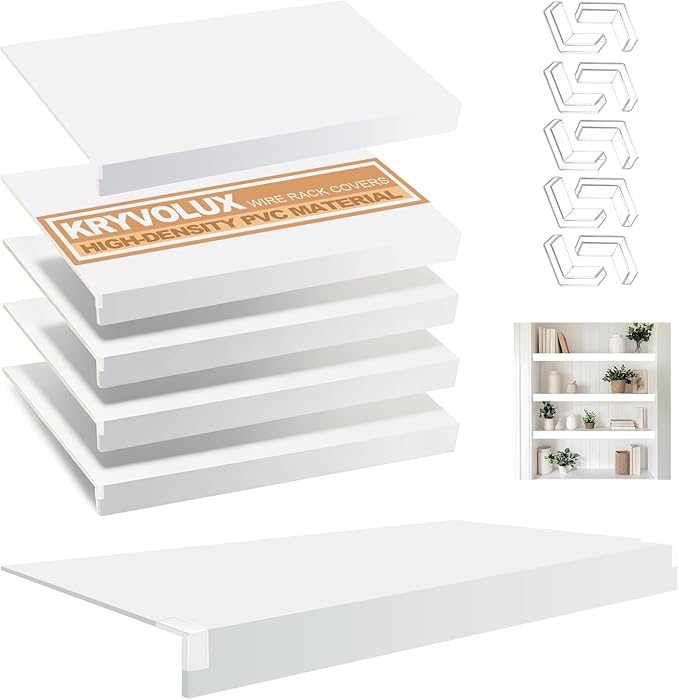 5 Pcs Wire Rack Covers 38x12x3 inch PVC Pantry Shelf Cover 0.31 inch Thick Removable Closet Wire Rack Shelf Covers,Decoration Kitchen Bathroom Office Shelving (Light Luxury White,38x12x3 inch)