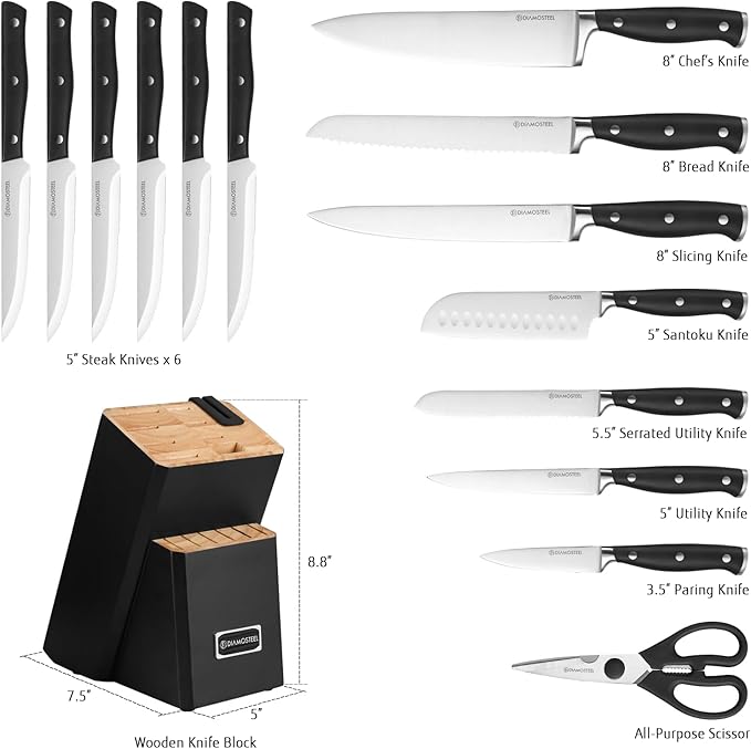 Black Knife Set with Block, 15Pcs Knife Block Set with Built-in Sharpener
