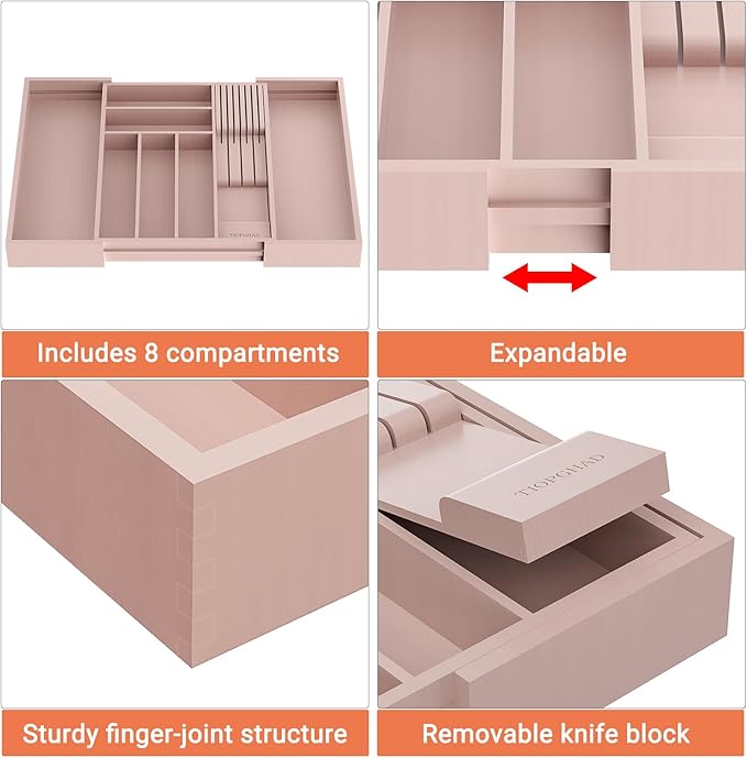 TIOPGHAD Expandable Bamboo Silverware Drawer Organizer Tray, Grey Pink