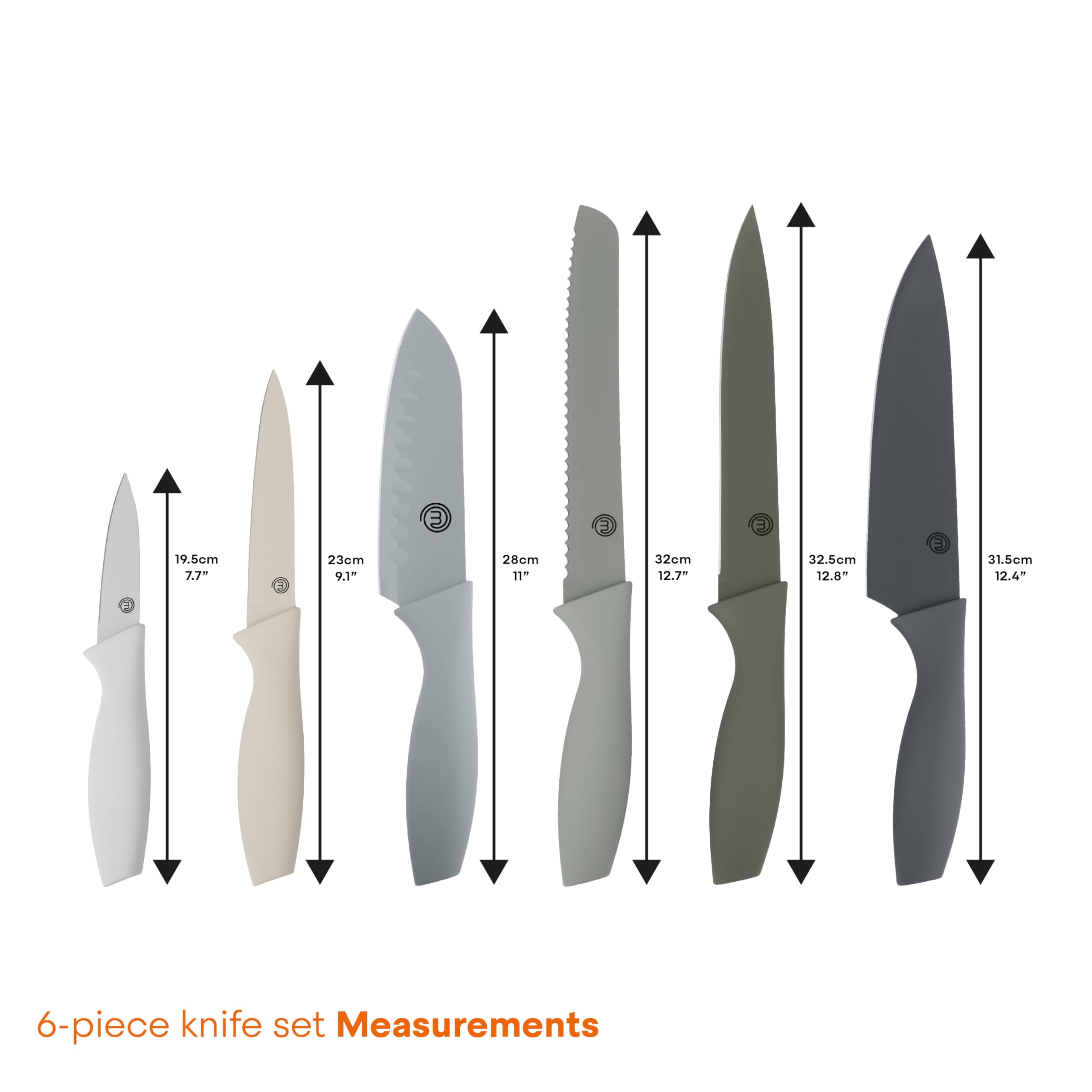 MasterChef Kitchen Knife Set with Covers, 6 Professional Chef Knives for Home Kitchens, Extra Sharp Cutting Stainless Steel Blades & Protective Sheaths, Soft-Touch Easy-Grip Handles, Earth Greys