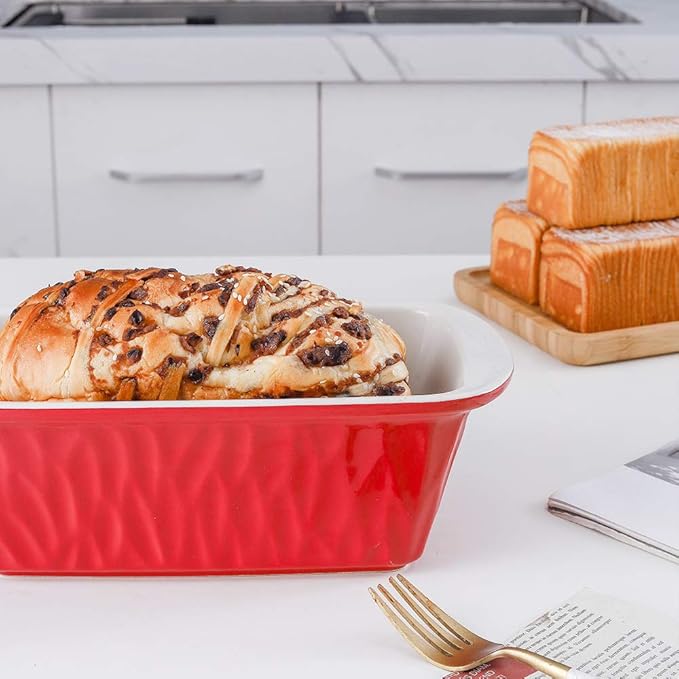 KOOV Ceramic Loaf Pan, Bread Baking Pan, 9 x 5 inch Baking Dish, Rectangular Bakeware for Cooking, Home Kitchen, Texture Series(Red)