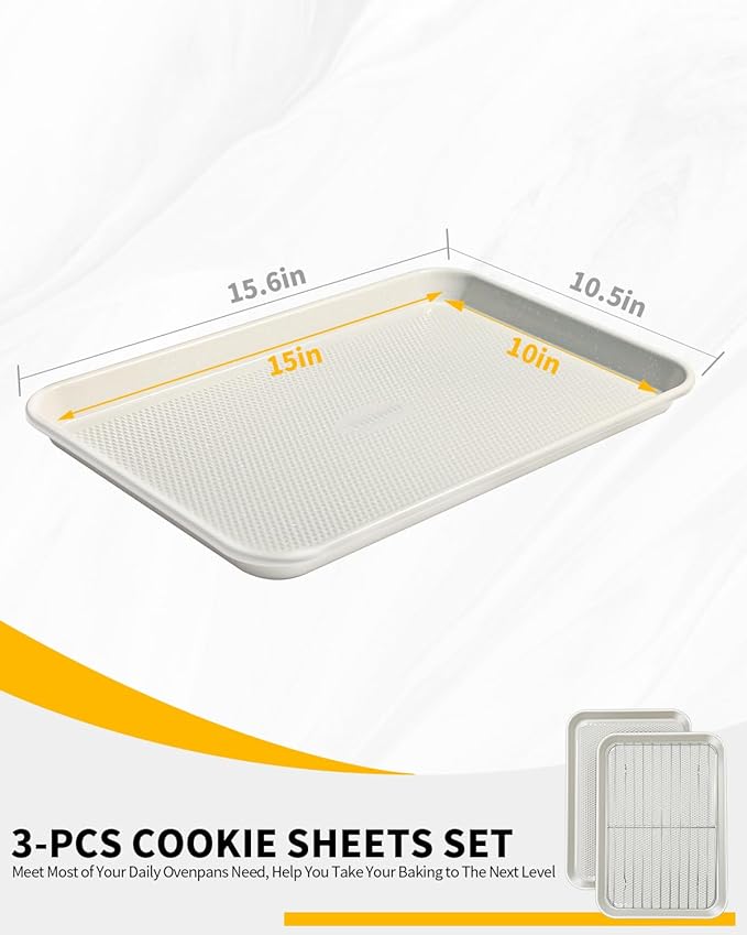 Ymiton 2-Pack 10x15 Jelly Roll Pan Baking Sheet Set with Wire Rack - Nonstick 0.8mm Thick Carbon Steel, Cookie Sheets for Baking, Dishwasher Safe, Warp Resistant, Oven Safe 450°F, Salted Gray