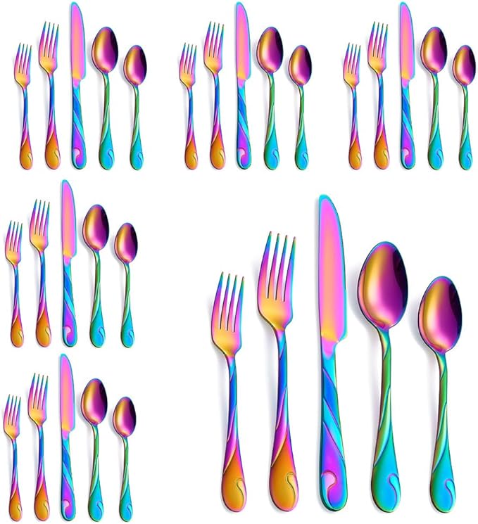 Seeshine Rainbow Silverware Set for 6, 30-Piece Stainless Steel Flatware Set, Shiny Rainbow Metal Cutlery Set, Include Fork, Knife and Spoon Set, Dishwasher Safe