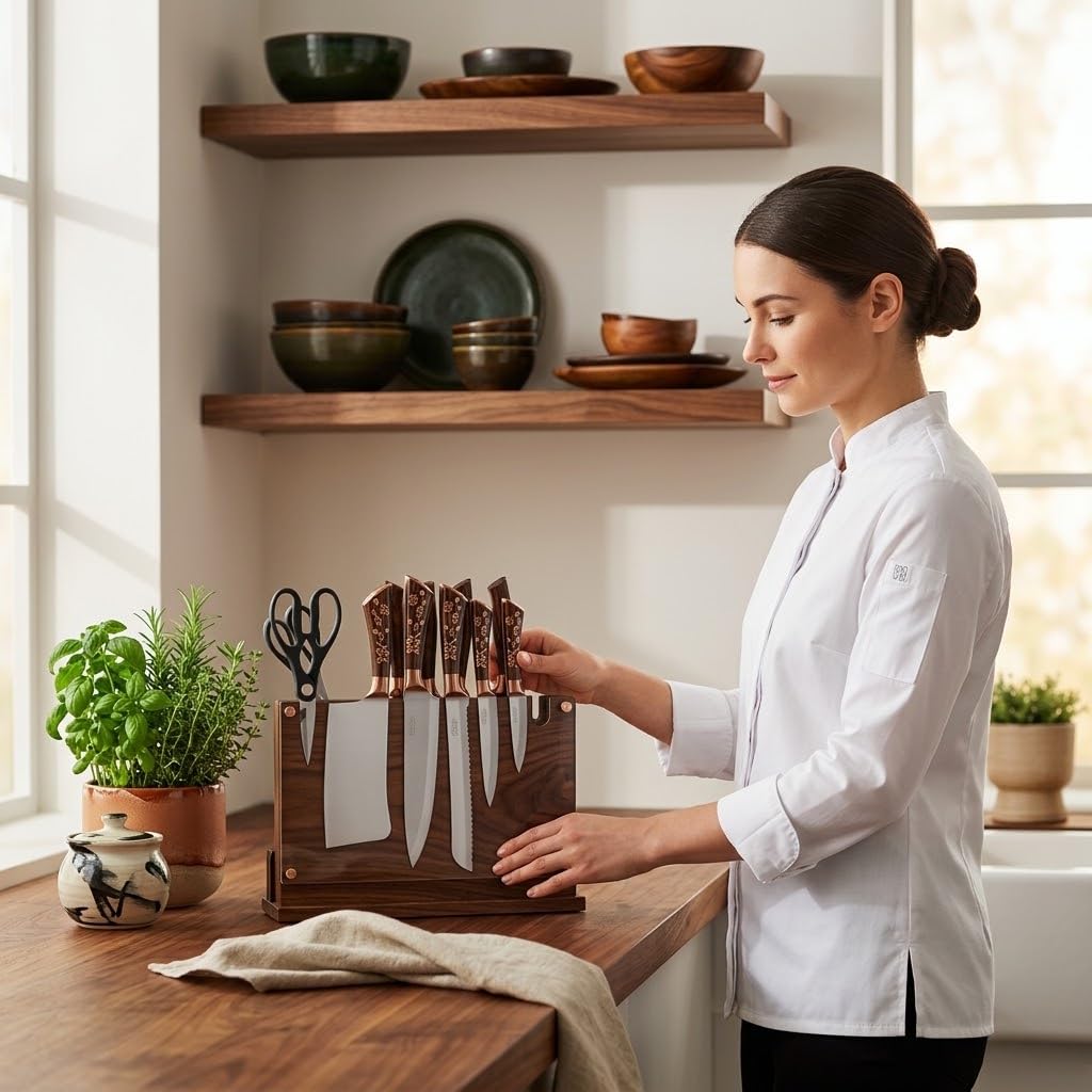 Magnetic Knife Block with Builtin Sharpener, Double Sided Magnet and Acrylic safety shield on both side for Kitchen Counter, Extra Large size 14'x10',Wood Magnetic Knife Holder,stand. Board.