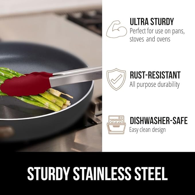 GORILLA GRIP Stainless Steel BPA-Free Kitchen Tongs for Cooking, 9+12 Inch, Heat Resistant BBQ Tong Set of 2, Non Scratch Silicone Tip for Pan, Strong Grip, Grab Food, Toss Salad, Pull Lock, Red