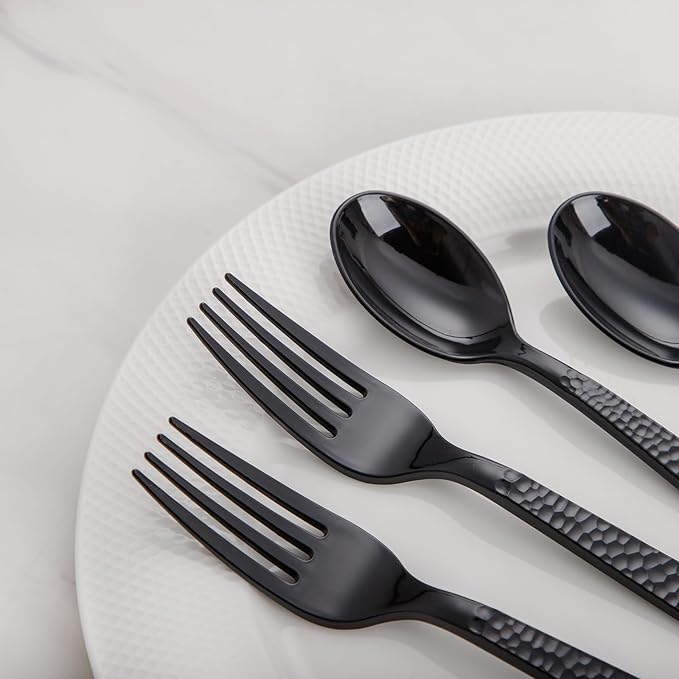 KIRE 400PCS Black Spoons and Forks Set - Black Plastic Silverware for Party
