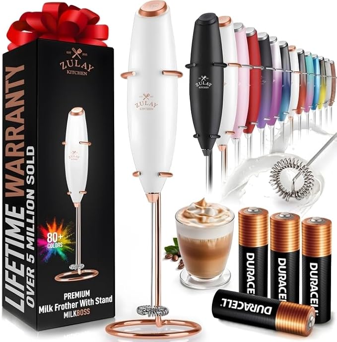 Zulay Kitchen Powerful Milk Frother Wand With Duracell Batteries - Ultra Fast Handheld Drink Mixer - Electric Whisk Foam Maker for Coffee, Lattes, Cappuccino & Matcha - Z1 Motor - White & Rose Gold