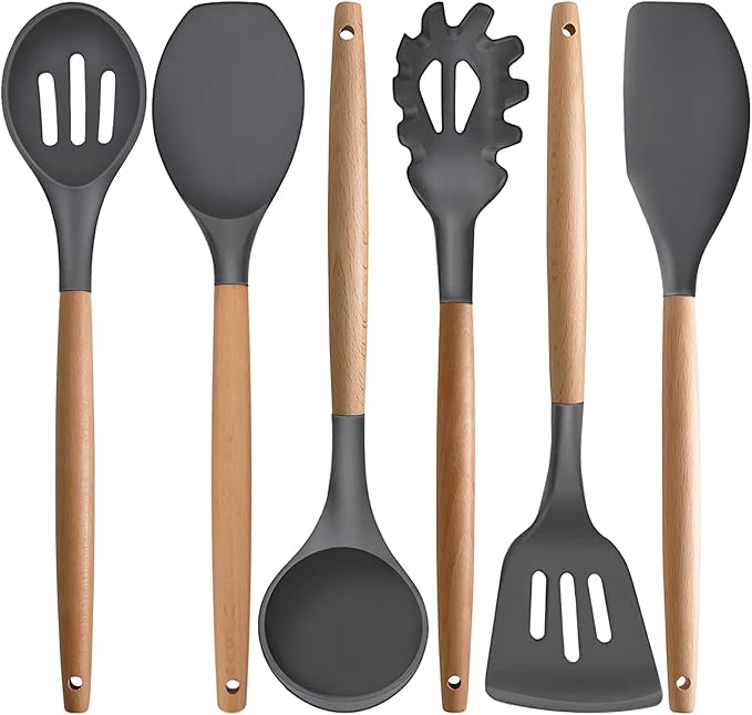 IOCBYHZ Kitchen Cooking Utensils Set, 6Pcs Silicone Kitchen Utensils Set Spatula Spoon Soup Ladle Turner, Heat Resistant Wooden Handle Silicone Cooking Gadgets for Nonstick Cookware & Baking BPA FREE