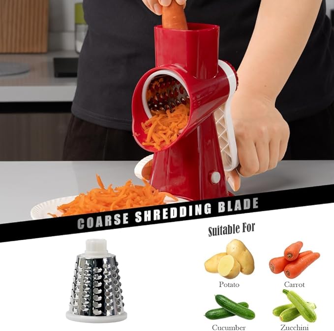 Badelite Cheese Grater Hand Crank Rotating Cheese Shredder Stainless Steel Vegetable Slicer Grater for Kitchen 3 Blades for Cheese, Carrot, Cucumber, Nuts, Chocolate, Red