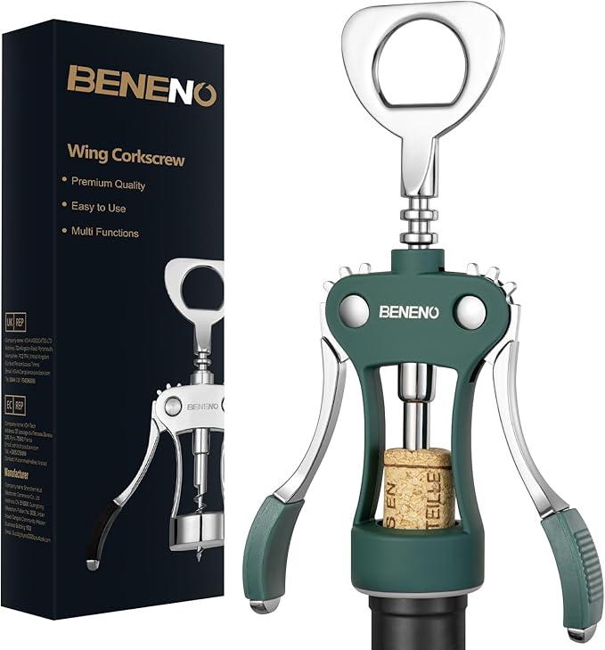 Beneno Premium Wing Corkscrew Wine Opener and Bottle Opener, Dark Green