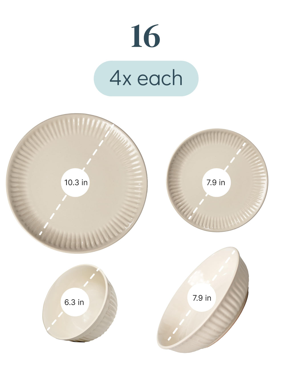 Stoneware Dinnerware Set for 4 People HYGGE 16-Piece - Elegant Scandi Design - Premium Dish Set - Bowl and Plate Set - Tableware for 4 People in a Ribbed Design - Pure Living in Light Brown