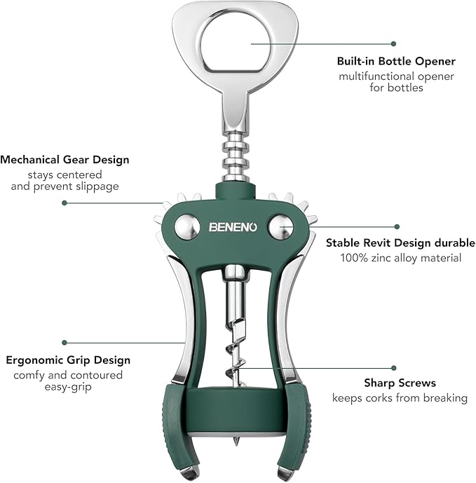 Beneno Premium Wing Corkscrew Wine Opener and Bottle Opener, Dark Green