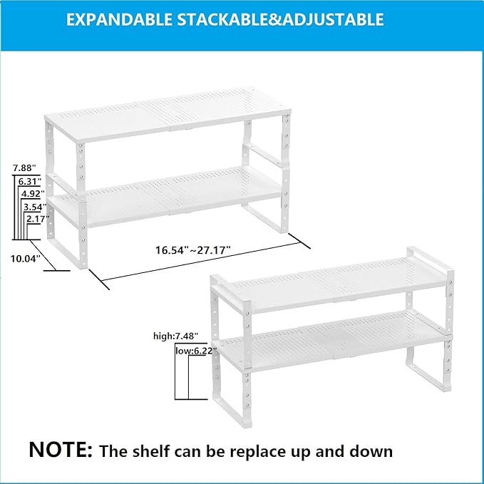 Wobmmi Expandable,Adjustable & Stackable Spice Rack, Cabinet Kitchen Countertop Shelf Organizer,Metal Pantry Storage Shelves - Space-Saving Storage Solution(2Packs/White/Large)