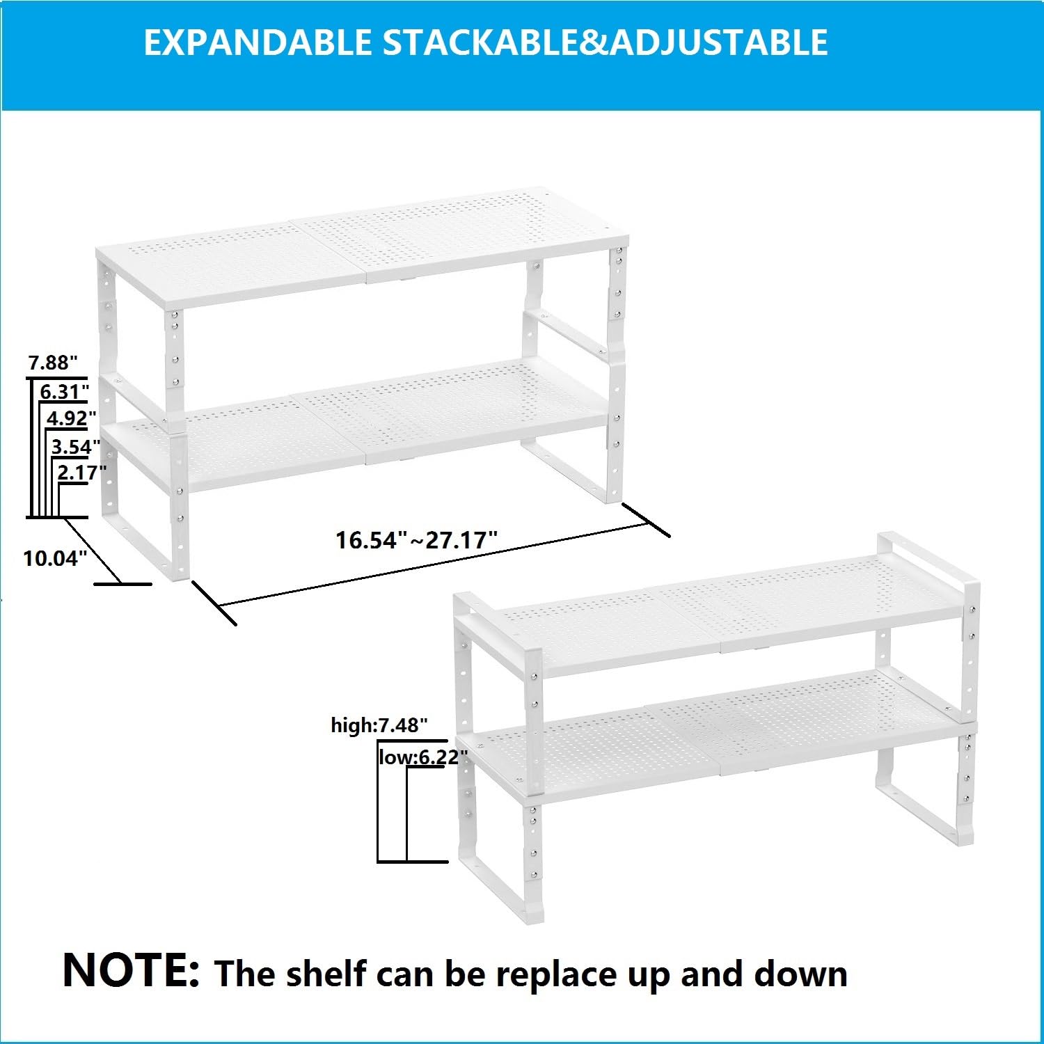 Wobmmi Expandable,Adjustable & Stackable Spice Rack, Cabinet Kitchen Countertop Shelf Organizer,Metal Pantry Storage Shelves - Space-Saving Storage Solution(2Packs/White/Large)