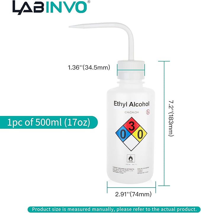 LABINVO Ethyl Alcohol Wash Bottles, 1PC of Vol.500ml (17oz), Narrow Mouth, Self-Venting Safety Wash Bottles, LDPE Material,IN-WBE501
