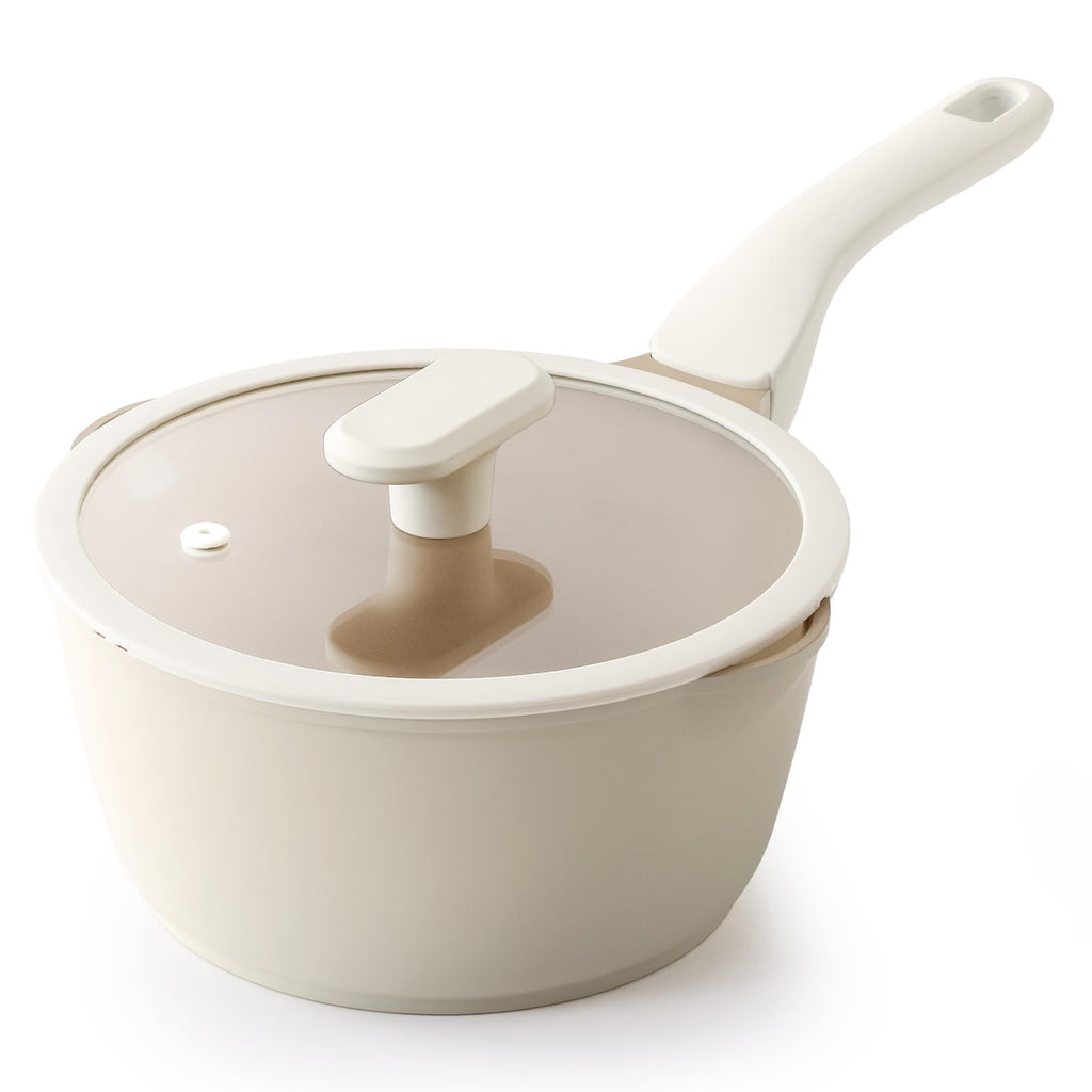 PRICUSIS Ceramic Nonstick Saucepan with Lid, 2.7 Quart Non Toxic Pot with Pour Spouts, Full Coated, 100% Dishwasher Safe, Induction Compatible, PTFE PFAS & PFOA Free, Coconut White