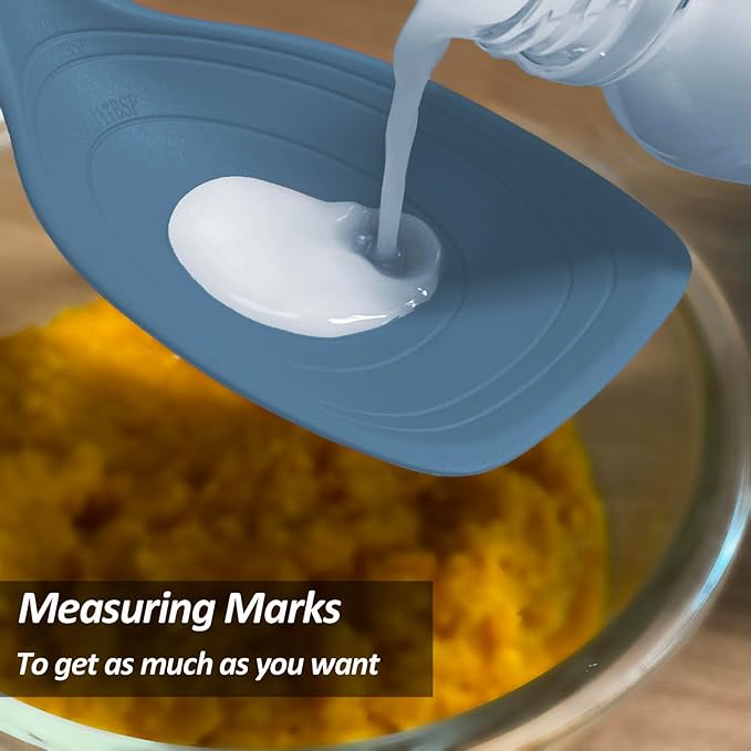 2 Pack Large Silicone Cooking Spoon, Non-Stick Slotted and Solid Spoon set with Deep Bolw- Measurement Mark for Mixing, Serving, Scooping, Scraping, Heat Resistant Kitchen Utensils, Starry Blue