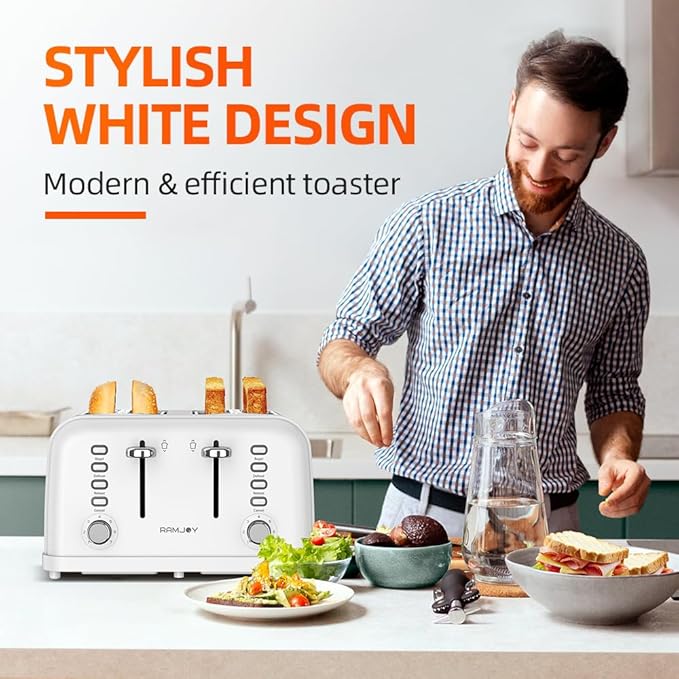 RAMJOY White Toaster 4 Slice, Dual Independent Controls, Extra Wide Slot Toasters for Bagel, Bread, Waffles, 7 Shade Settings, 4 Main Functions, Removable Crumb Tray, 1500 Watts, White Stainless Steel