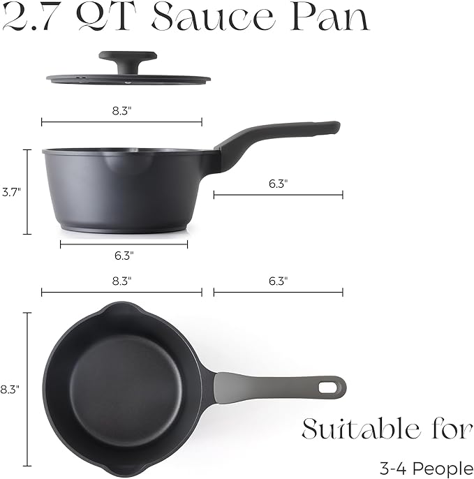 PRICUSIS Nonstick Saucepan with Lid, 2.7 Quart Non Toxic Pot with Pour Spouts, Full Coated, 100% Dishwasher Safe, Induction Compatible, PFOS & PFOA Free, Black Sesame