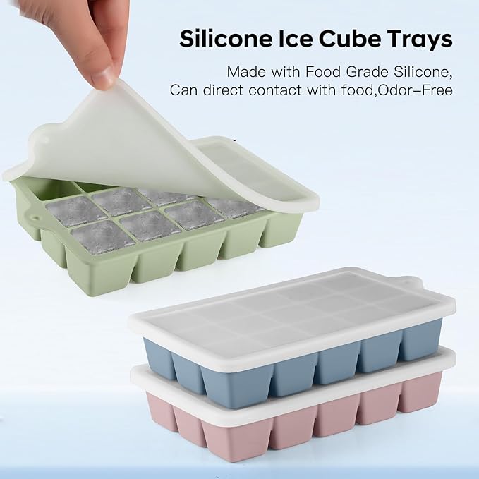 Silicone Ice Cube Tray 2 Pack, HANCELANT Ice Cube Mold, Ice Trays for Freezer with Lid for Whiskey, Cocktail, Drinks and Food, Freezer, BPA Free, Easy Release