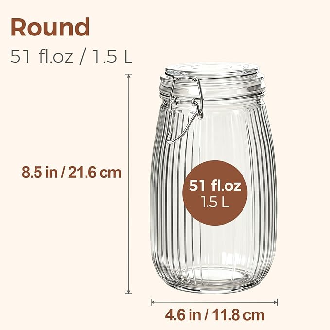 ComSaf Large Ribbed Glass Jars with Airtight Lids 51 oz 3 Pack Wide Mouth