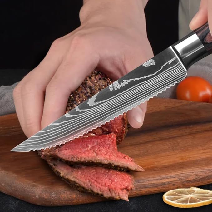 The Epicurean Cook Majesty Series Professional Steak Knife Set with Damascus Pattern - Razor Sharp Serrated Stainless Steel with Wooden Handle (Set of 6 Steak Knives)