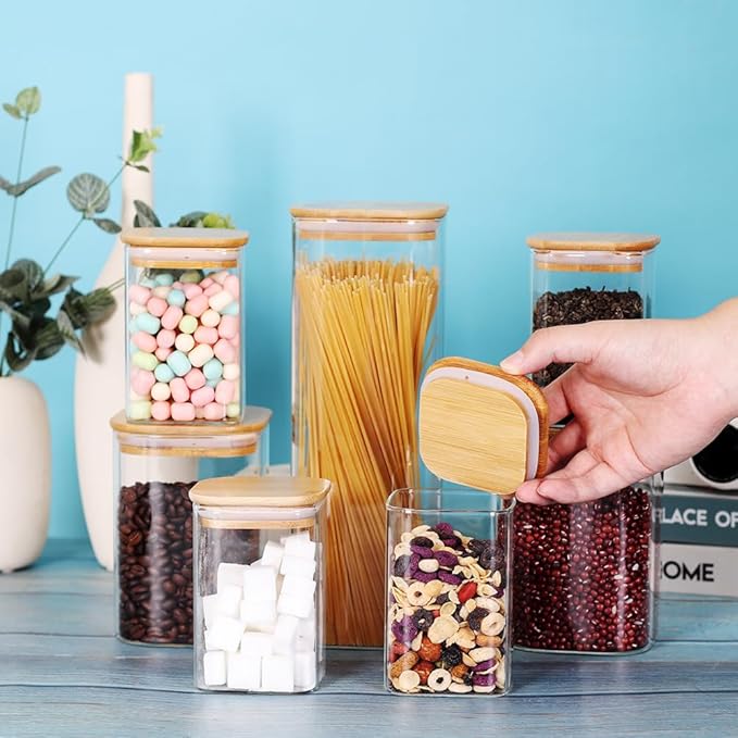 LEAVES AND TREES Y Glass Storage Canister with Wooden Lid, Set of 7 Square Glass Jars with Bamboo Lids, Glass Food Storage Containers for Pasta, Cereal, Flour, Sugar, Best for Kitchen & Pantry