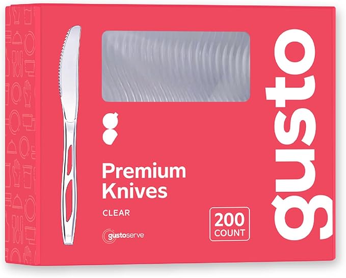 GUSTO Premium Heavyweight Disposable Knives [200 Count] Clear Plastic Knives Heavy Duty, Perfect for Parties, Events, and Catering (Formerly Comfy Package)