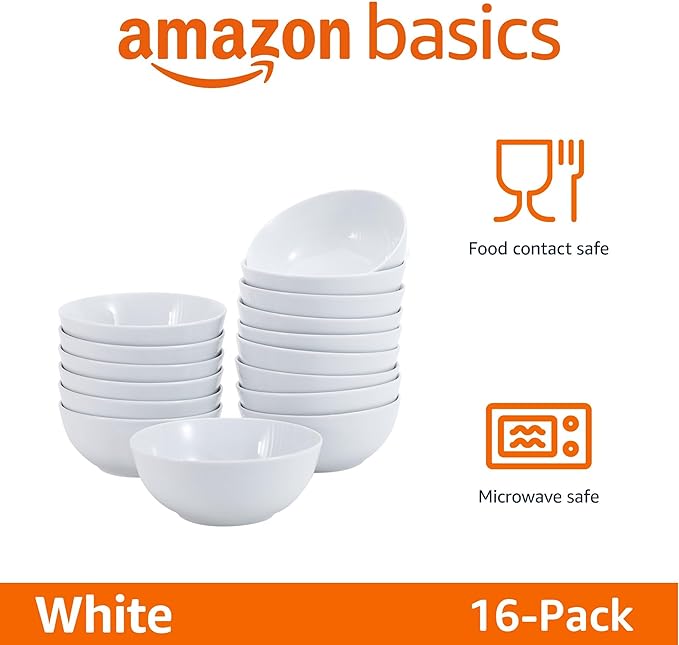 Amazon Basics 16-Pack White Porcelain Coupe Soup Bowl, 5.9" Diameter, Round, Microwave-Safe, Commercial-Grade