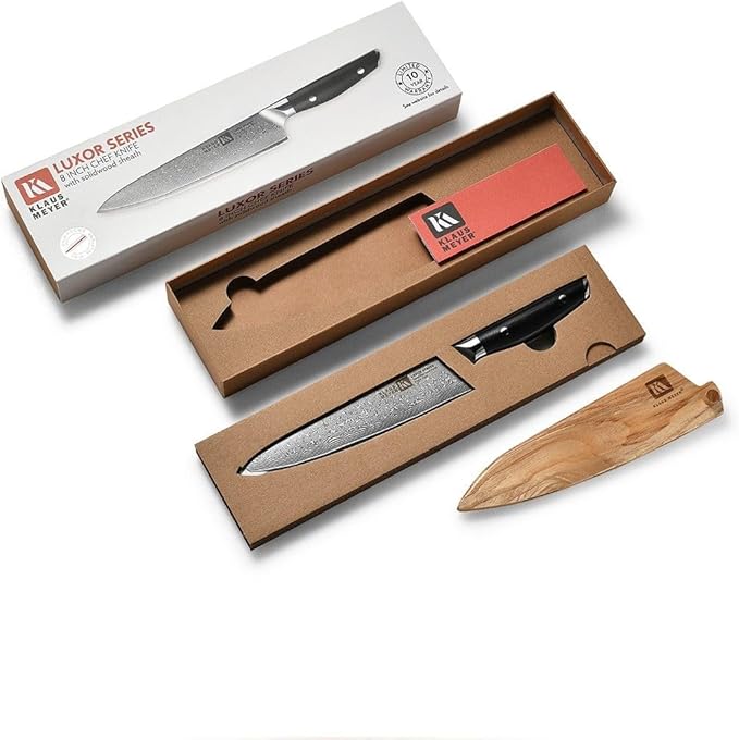 Klaus Meyer Luxor 8 Inch Chef Knife, Damascus Kitchen Knife, VG10 High Carbon Stainless Steel Japanese Chefs Knife