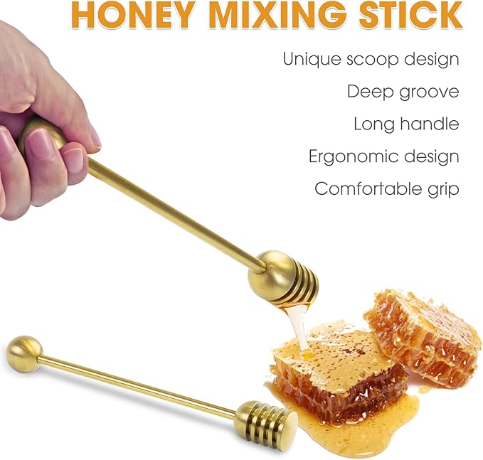 DUGATO Honey Dipper, 6.3 in Stainless Steel Server Stick, 2-Pack Gold Color