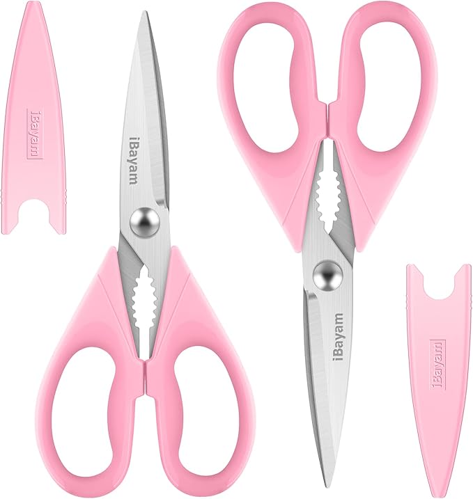 iBayam Pink Kitchen Scissors All Purpose Heavy Duty & Comfort Grip & Cover