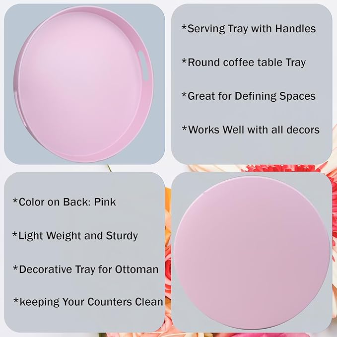 SforGUVA Round Pink Decorative Serving Tray with Handles, 13” Versatile Ottoman Tray for Coffee Table, Entertaining, Outdoor Patio, Living Room