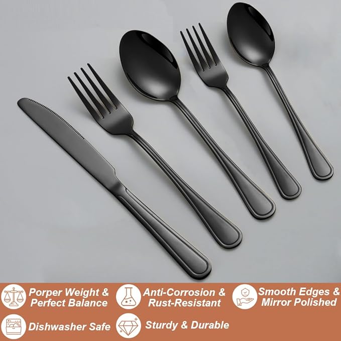 40 Pcs Black Silverware Set for 8, Food Grade Stainless Steel Flatware Set, Eating Utensils Sets Include Fork/Knife/Spoon, Reusable Cutlery Set for Home Kitchen, Dishwasher Safe, Double-stripe