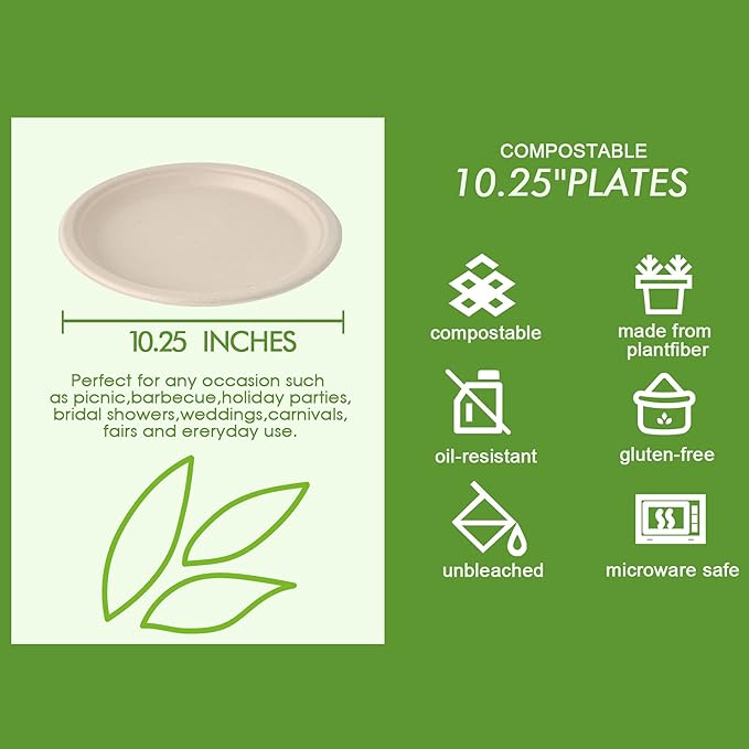 Vplus 500 Pack Compostable Bagasse Paper Plates 10.25 inch, Nature