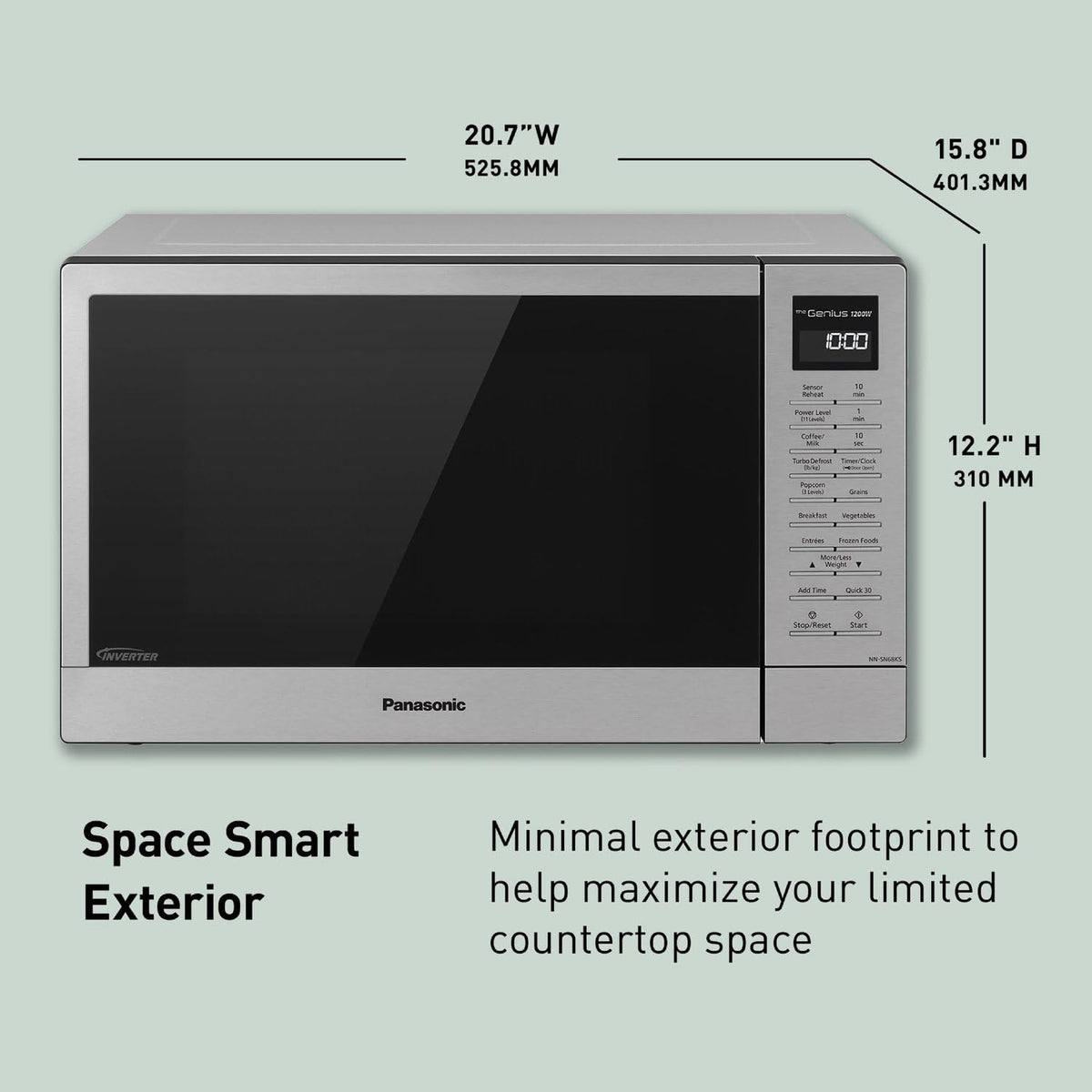 Panasonic NN-SN68KS Compact Microwave Oven with 1200W Power, Sensor Cooking, Popcorn Button, Quick 30Sec & Turbo Defrost, 1.2 cu.ft, Stainless Steel