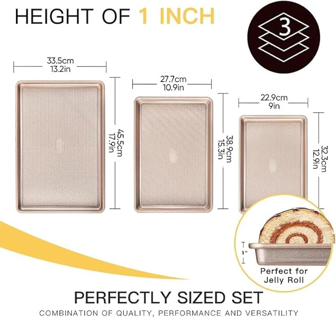 Sakerplus Nonstick Baking Sheet Pan Set of 3, Heavy Duty Cookie Sheets for Oven, 0.6mm Thick Quarter Size & Half Size & Jelly Roll Pan, Rustproof & Easy Clean with Textured Surface(Pink)