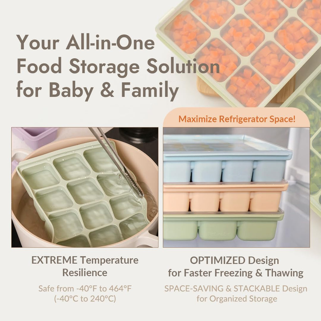 PETINUBE Baby Food Storage Silicone Cubes with Clip-On Lid Freezer Tray Baby Food Soups Purees Ice Safe Design Made in Korea(12cubes 1.5oz, Ocean Blue Set of 2)