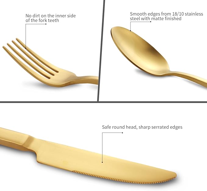 Kelenfer Stainless Steel Flatware Set Hand Forged 18/10 Silverware Set Cutlery Set Gold Cuboid Handle Matte Finished 20 Pieces Service for 4