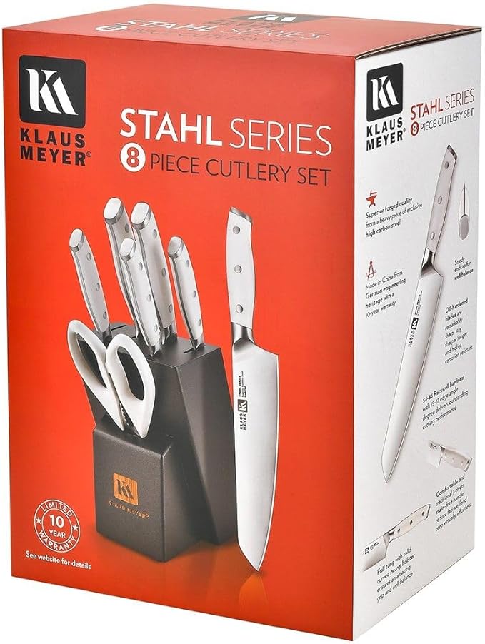 Klaus Meyer Stahl 8-Piece German Steel Kitchen Knife Block Set (White)