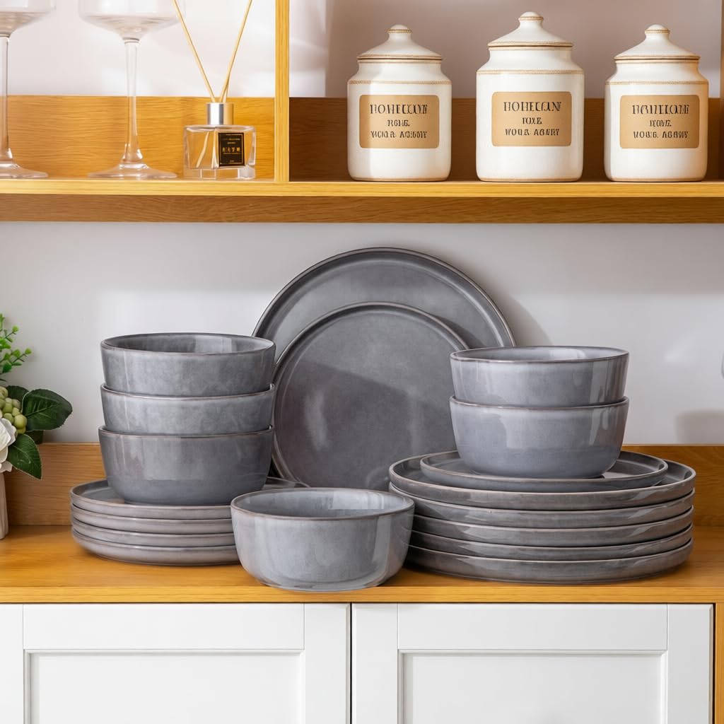 AmorArc Stoneware Dinnerware Sets for 6, 18Pcs Plates and Bowls Sets Dishes