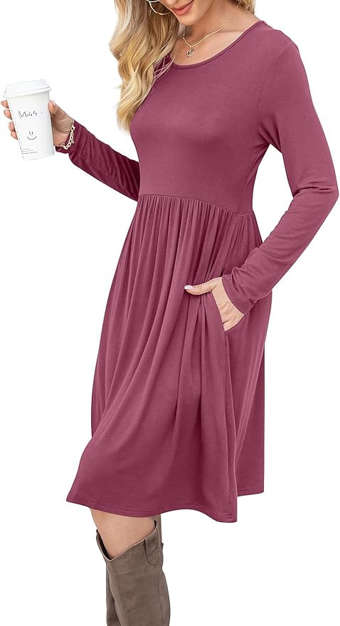 DB MOON Women Casual Long Sleeve Dresses Empire Waist Loose Dress with Pockets (Mauve, 2XL)