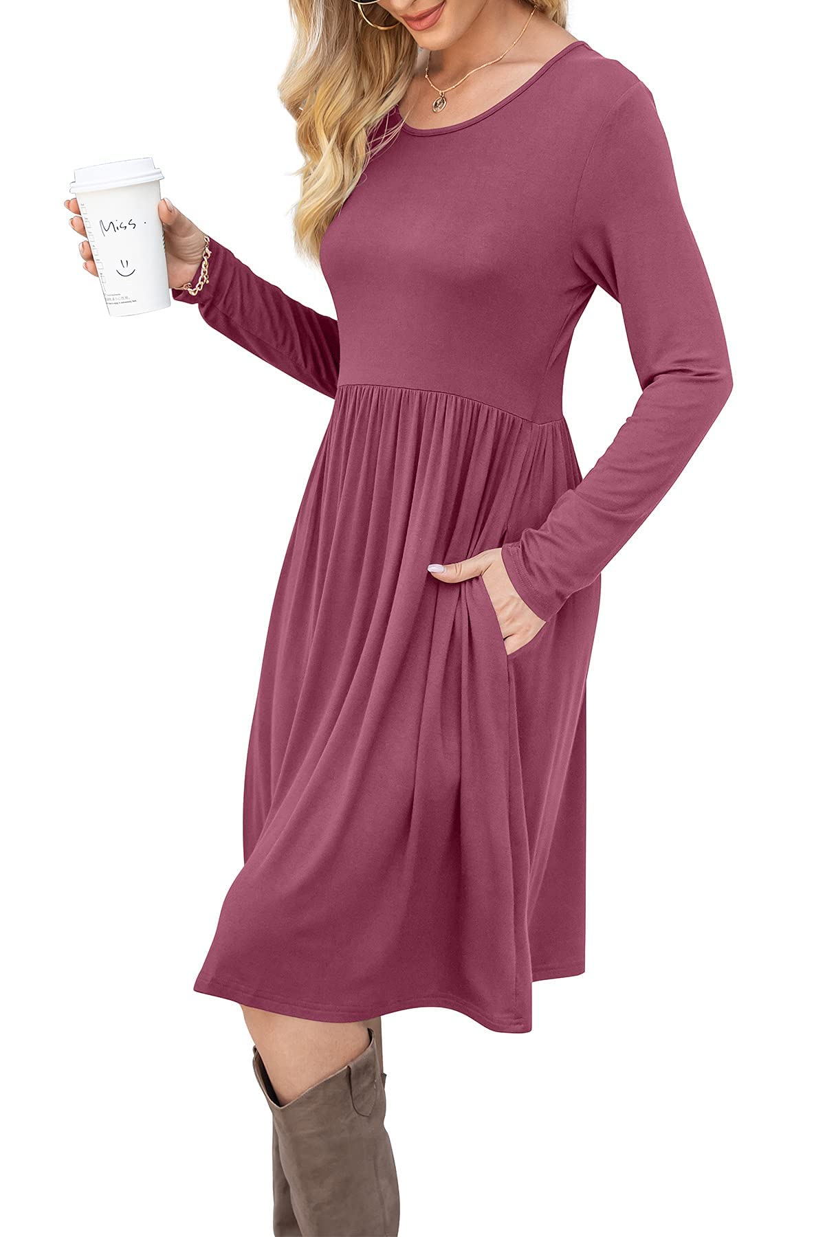 DB MOON Women Casual Long Sleeve Dresses Empire Waist Loose Dress with Pockets (Mauve, XL)