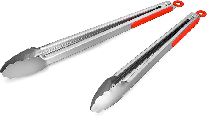 304 Stainless Steel Kitchen Cooking Tongs, 14 & 16 Inch, Set of 2, Red