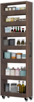 MINGRUIYU 7-Tier Slim Storage Cart, Wooden Rolling Pantry Cabinet with Wheels, Narrow Shelf Organizer for Kitchen, Bakers Rack, Dining Room, Closet, Small Spaces Teak 47.2" H*9.8" W*16.9" D