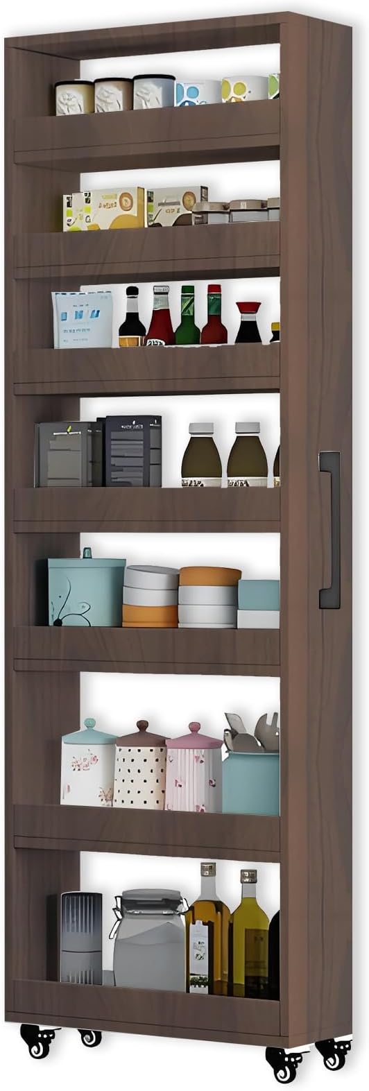 MINGRUIYU 7-Tier Slim Storage Cart, Wooden Rolling Pantry Cabinet with Wheels, Narrow Shelf Organizer for Kitchen, Bakers Rack, Dining Room, Closet, Small Spaces Gray 47.2" H*5.9" W*16.9" D