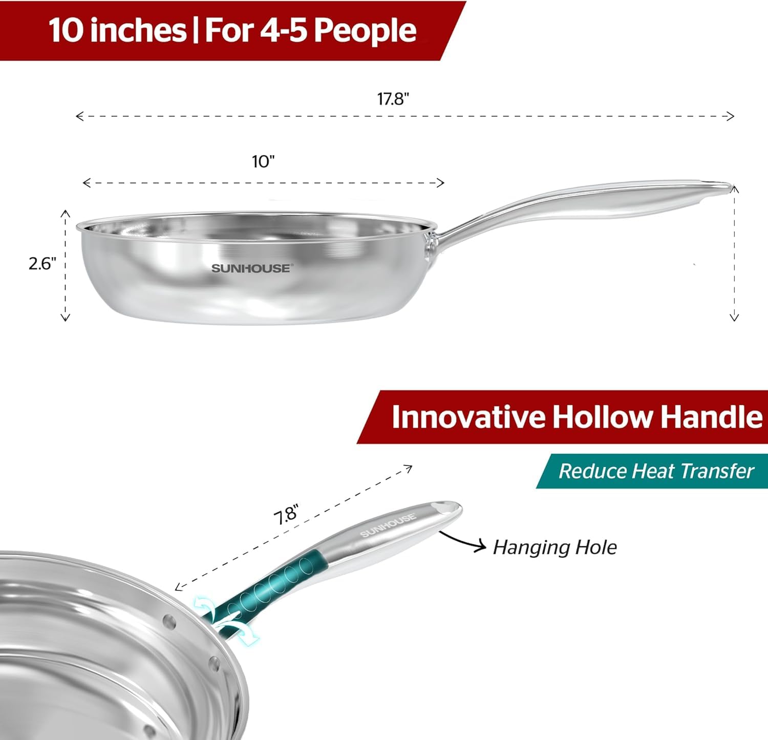 Sunhouse 10 Inch Stainless Steel Frying Pan Skillet